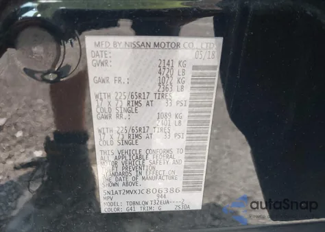 2018 Nissan Rogue Sv from USA, damaged, VIN 5N1AT2MVXJC806386